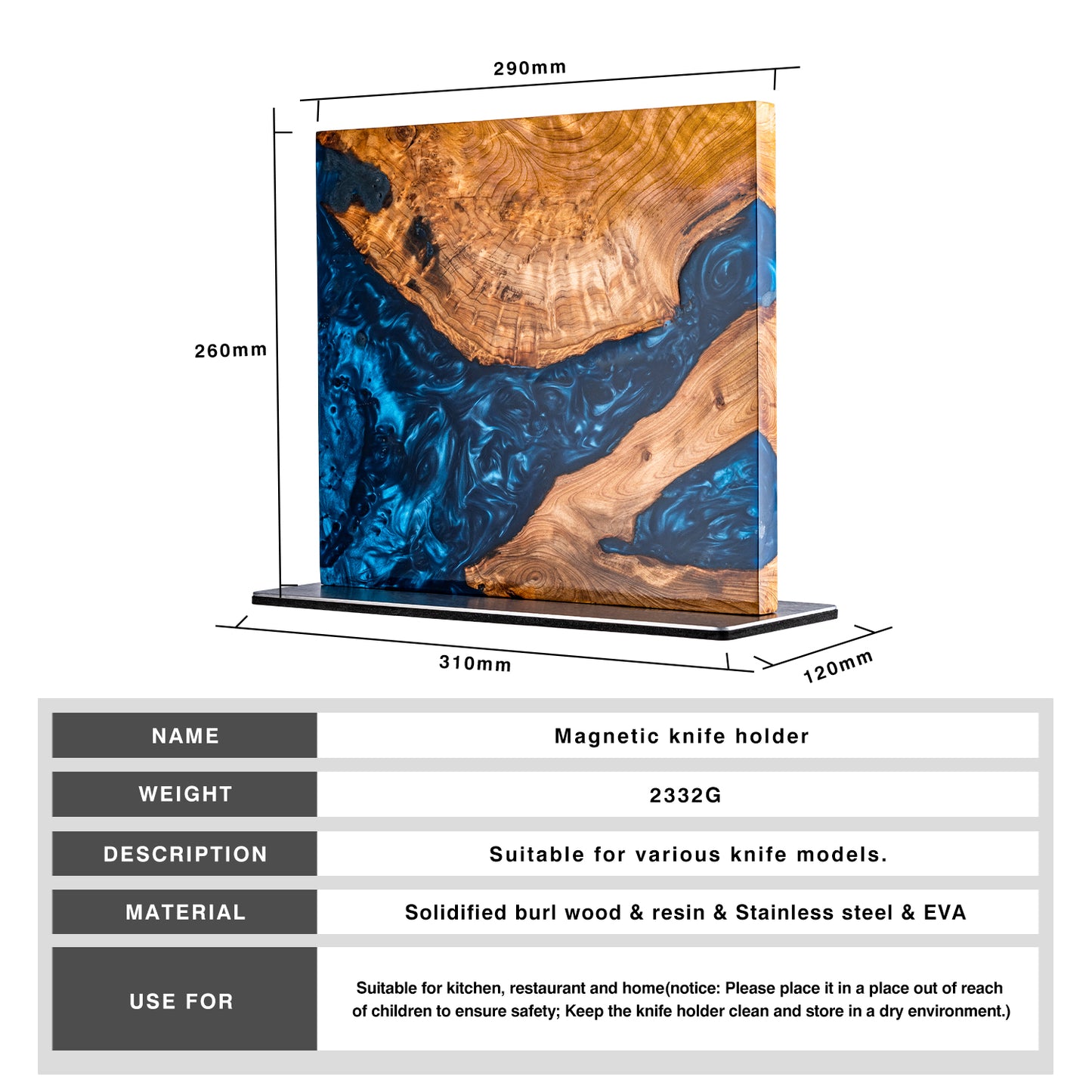 Mr. Knife Guy® Signature Blue Resin & Burl Freestanding Magnetic Knife Block