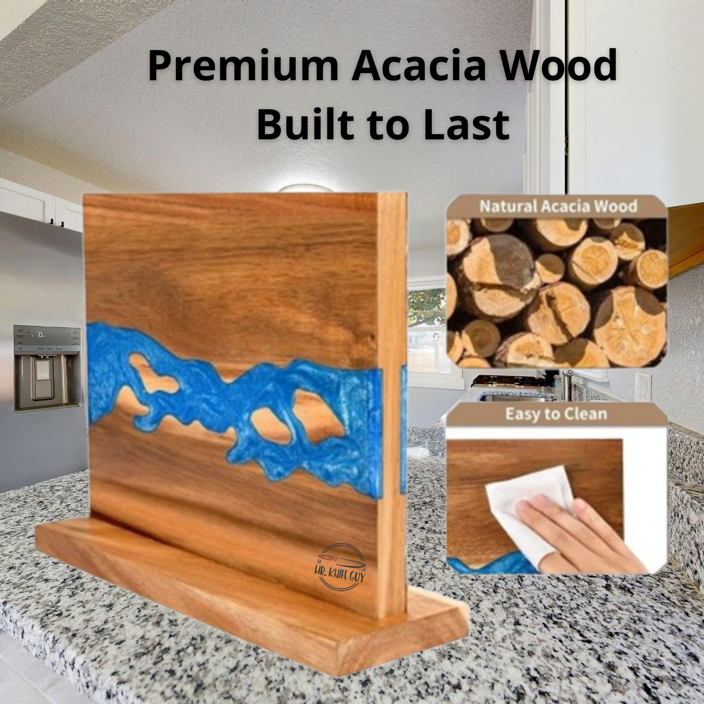 Mr. Knife Guy® Signature Acacia Freestanding Magnetic Knife Block – Solid Wood
