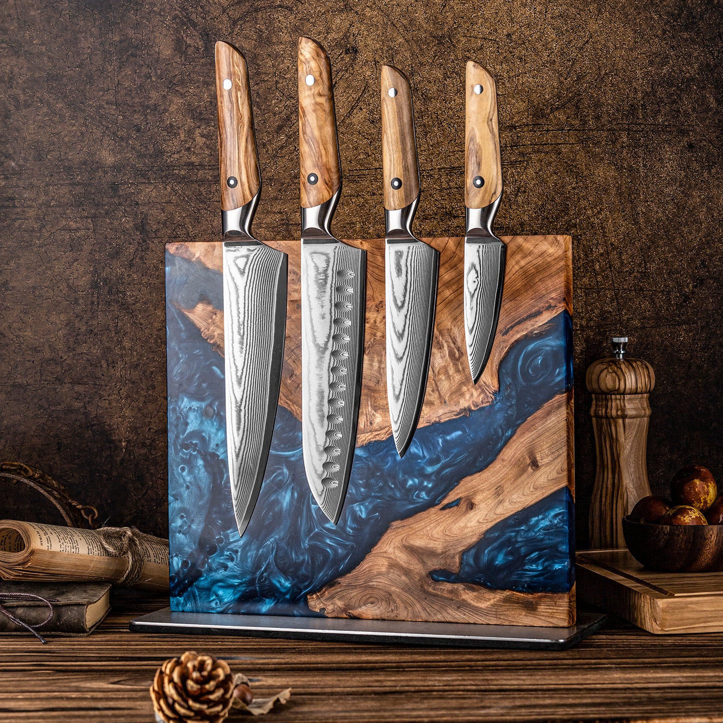 Mr. Knife Guy® Signature Blue Resin & Burl Freestanding Magnetic Knife Block